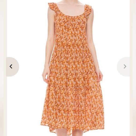 Xirena Rumer Scoop Neck Flutter Sleeve Tiered Midi Dress Laurel Floral Orange L - Picture 2 of 12